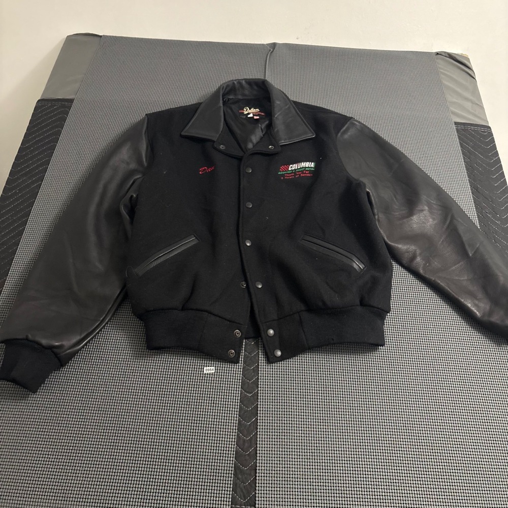 Dehen Portland Mens XL Varsity Jacket Black Wool Leather Sleeve Columbia Roofing